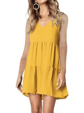 V-Neck Tiered Sleeveless Sundress in Mustard Yellow